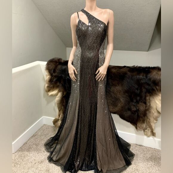 Black Sequins & Beads One Shoulder Evening Dress, Stunning Black Evening Gown - Picture 7 of 14